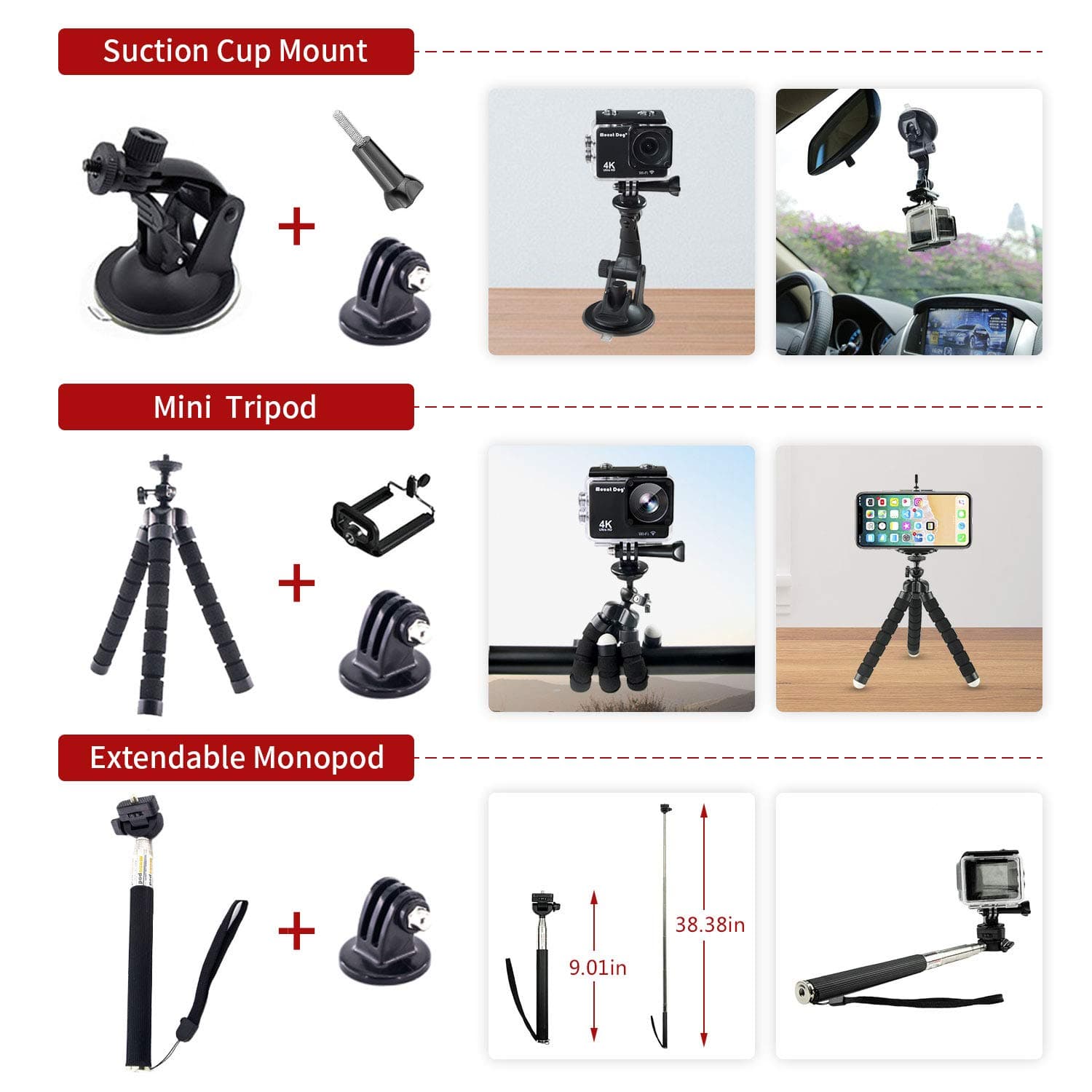 42-In-1 Action Camera Accessorries Kit Mount For Gopro Hero 8 Max 7 6 5 4 3 3+ 2 1 Black Gopro 2018 Session Fusion Silver Insta360 Dji Akaso Apeman Yi Campark Sjcam Xiaomi (Carrying Case) view 2