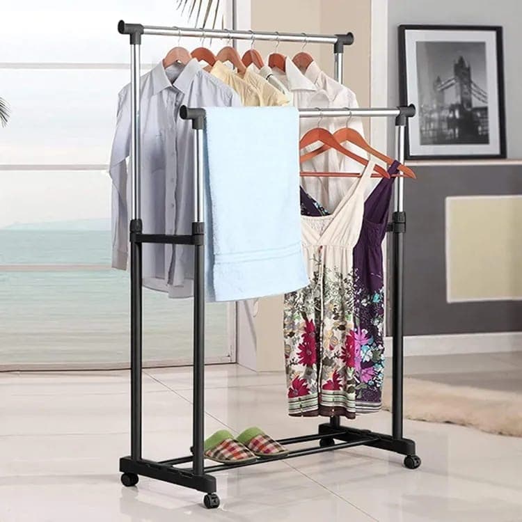 Double Telescopic Pole Stainless Steel Cloth Hanger Stand