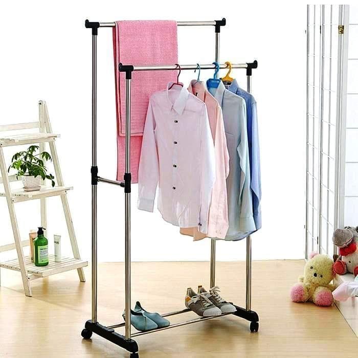 Double Telescopic Pole Stainless Steel Cloth Hanger Stand view 3