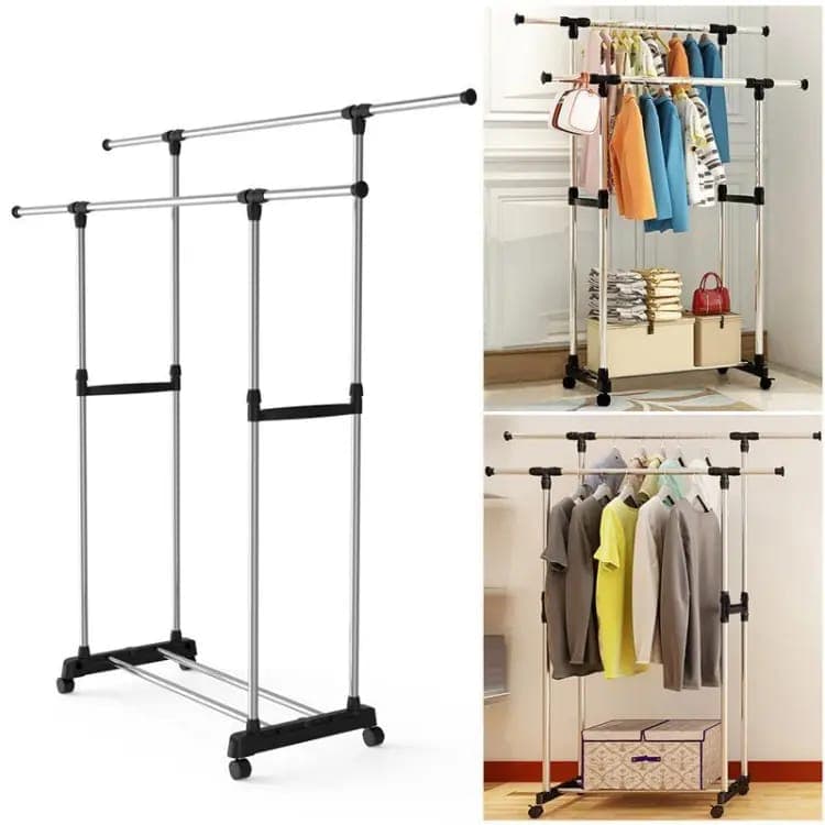 Double Telescopic Pole Stainless Steel Cloth Hanger Stand view 2