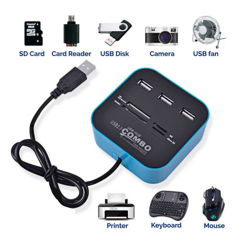 All In One Combo Card Reader & 3 Port USB 2.0 Hub