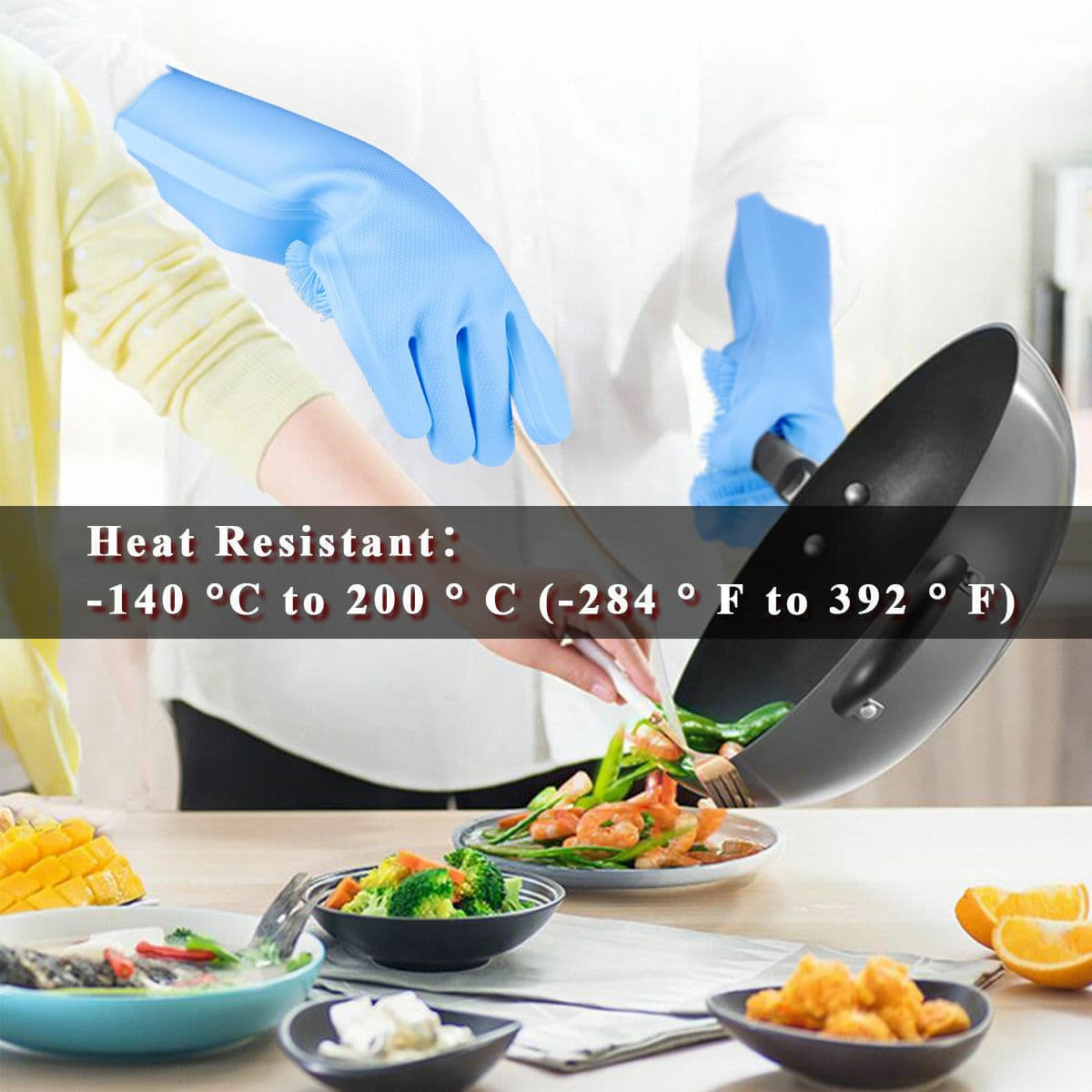 Magic Silicone Gloves with Wash Scrubber 1 Pair, Reusable Dishwashing Scrubber Heat Resistant Cleaning Gloves view 5