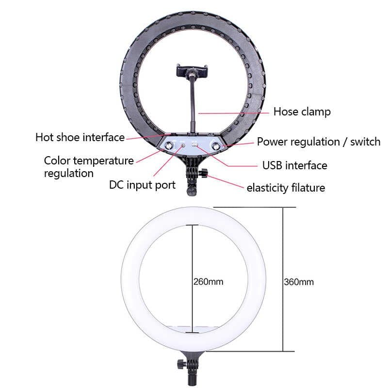 14 inch 36CM Ring Shape LED Beauty WIth 3 Mobile Phone Clip And 7FT Tripod Fill Light for Live Take Photos With USB Port view 3