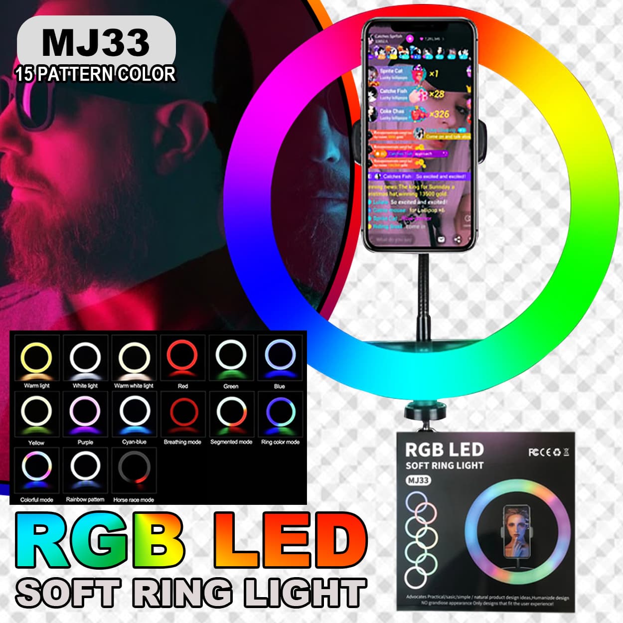 MJ33 13 inch Photography Lighting 3200-6500k Dimmable LED RGB Video Ring Light Selfie With 7Ft Tripod for Vlog TikTok Youtube Live Streaming