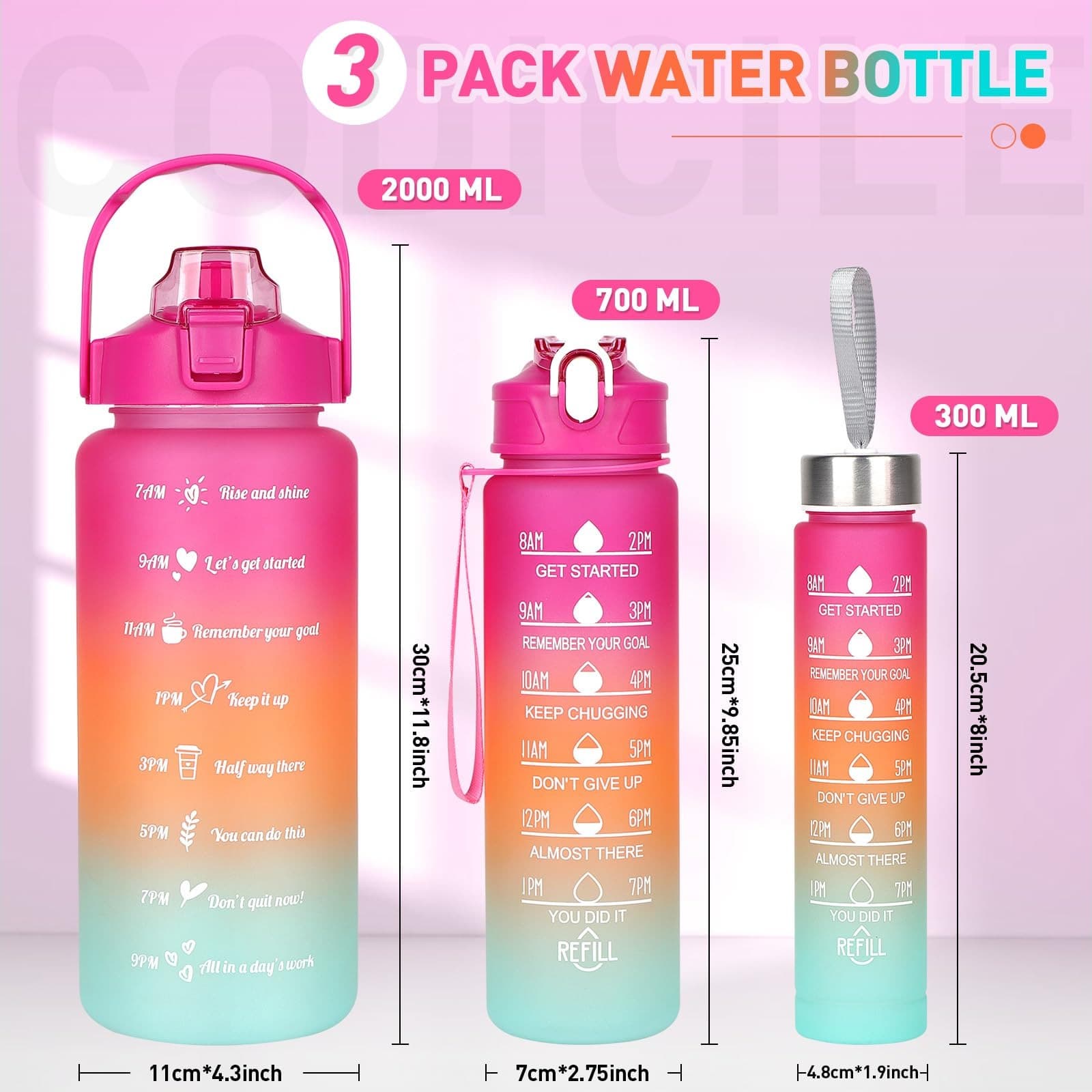 3In1 Water Bottle With Large Capacity For Hiking Home Use Sports Gym Bottle ( 2000ml-900ml-280ml) view 8