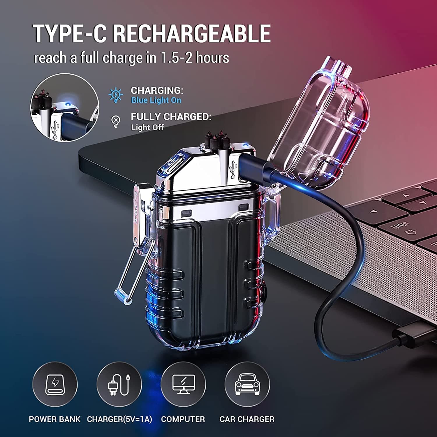 360 Flash Rechargeable Windproof Electric Arc Lighter With COB LED Flashlight view 2