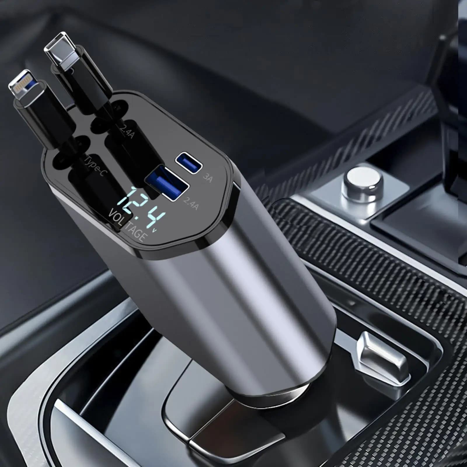 4 In 1 120W Retractable Cable Super Fast Charging Voltage Display Car Charger view 2
