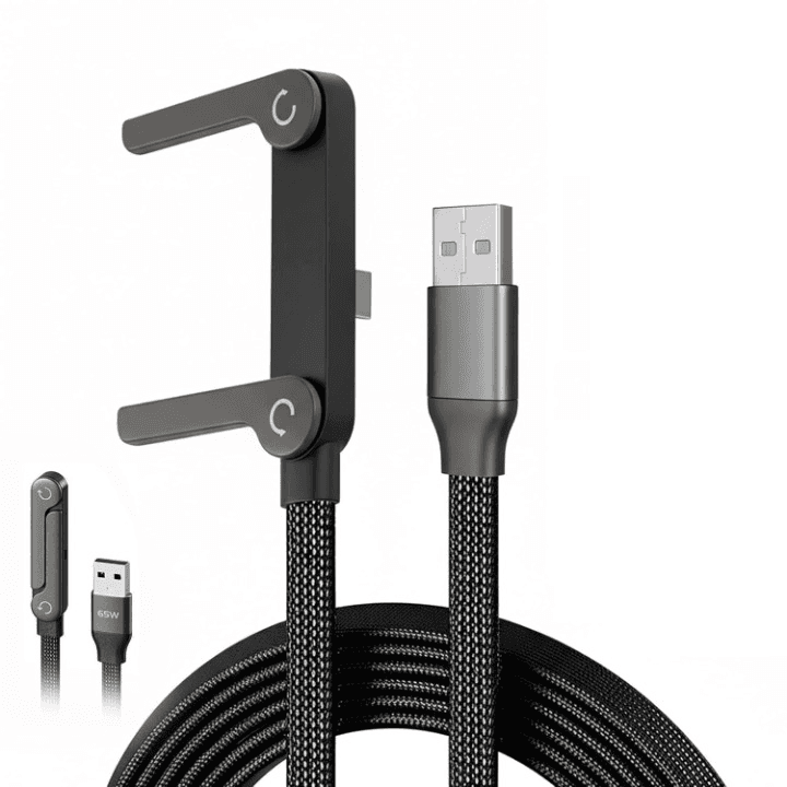 65W Braided USB-C Fast Charging Cable with Built-in 360° Foldable Metal Phone Stand view 1