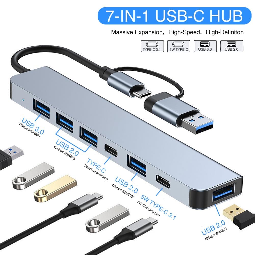 7 In 1 Aluminum Metal USB And Type C Hub For PC USB Extender view 2