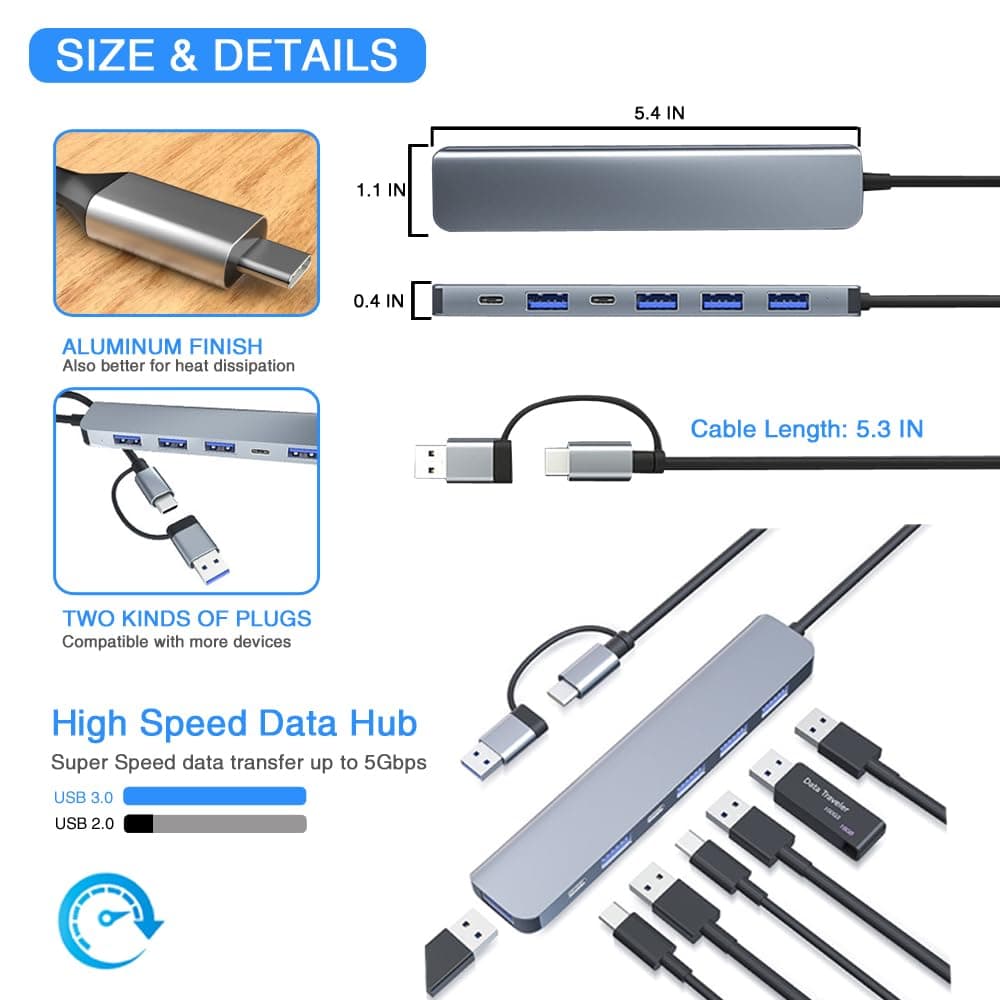 7 In 1 Aluminum Metal USB And Type C Hub For PC USB Extender view 3