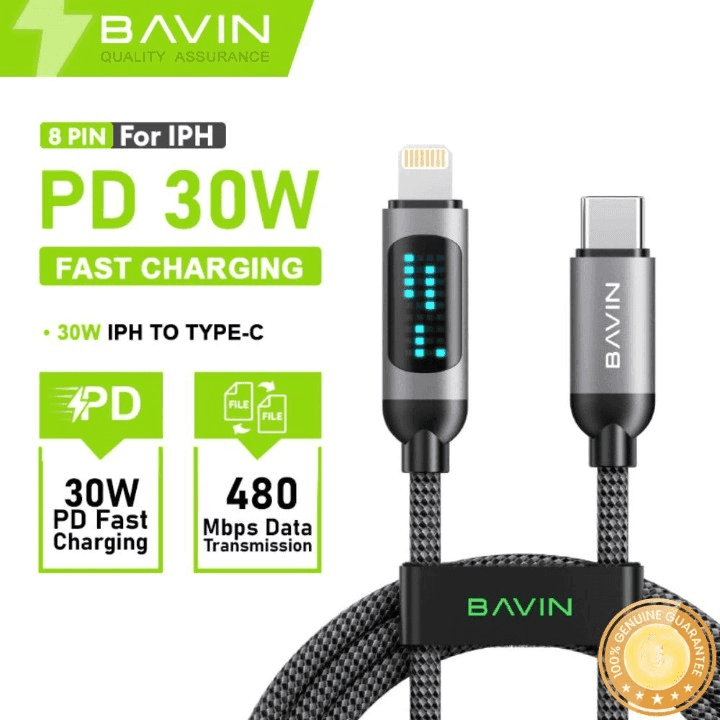 BAVIN CB377 1M PD Fast Charging Data Cable 30W With LED Display Nylon Braided view 1