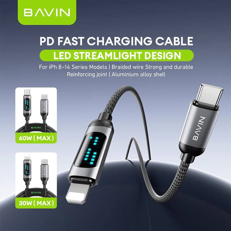 BAVIN CB377 1M PD Fast Charging Data Cable 30W With LED Display Nylon Braided view 5