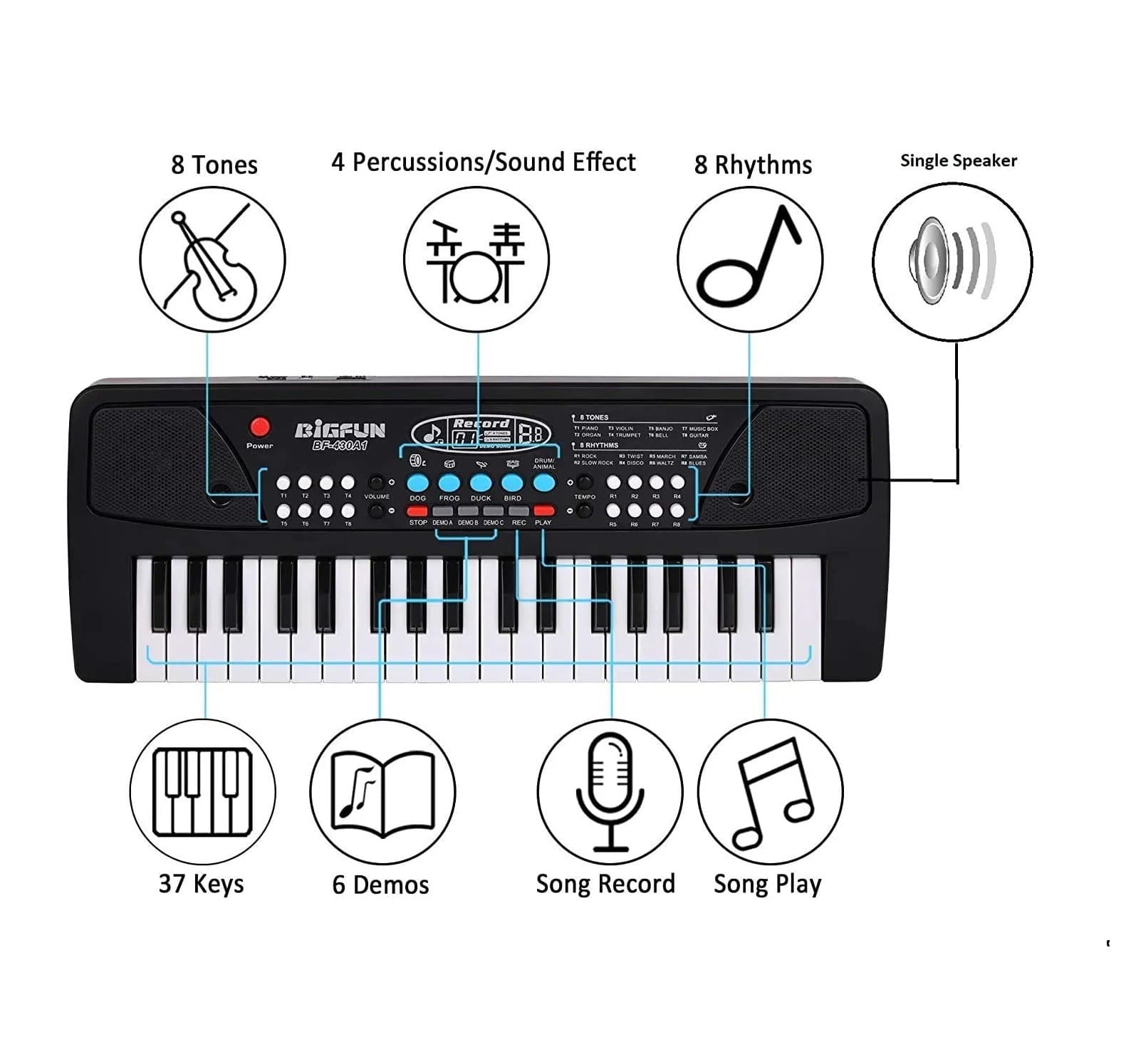 Bigfun BF430A1 37 Key Electronic Organ Piano Keyboard With Microphone And Recording Option view 3