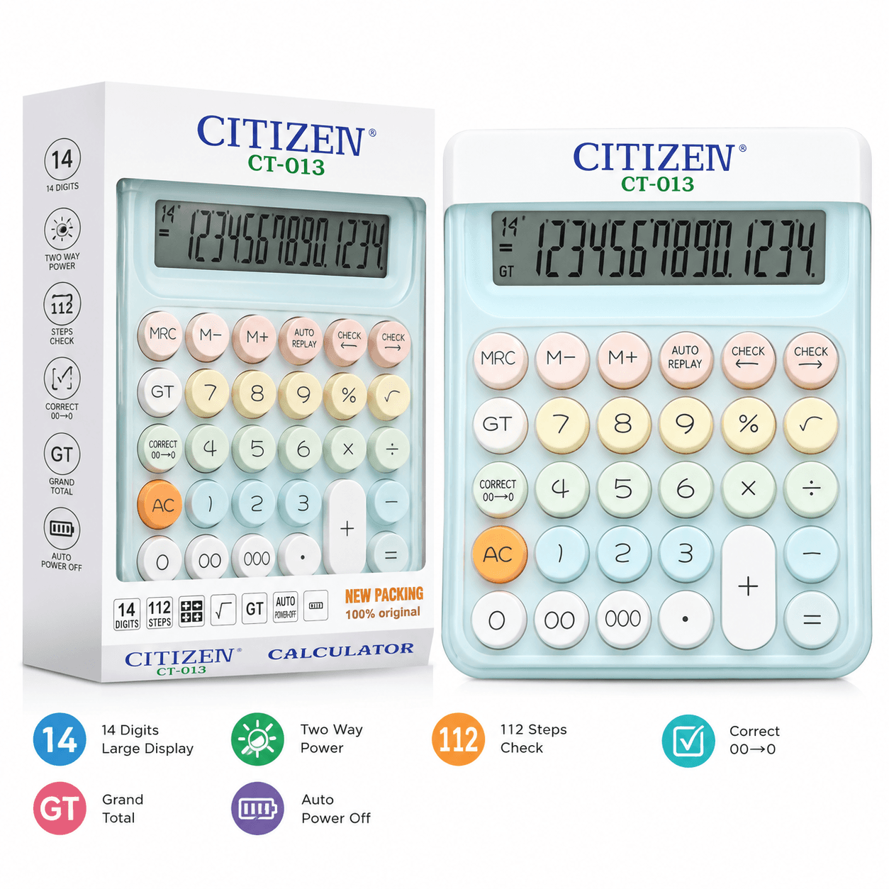 CITIZEN CT-013 Pastel Calculator – 14-Digit Desktop Calculator