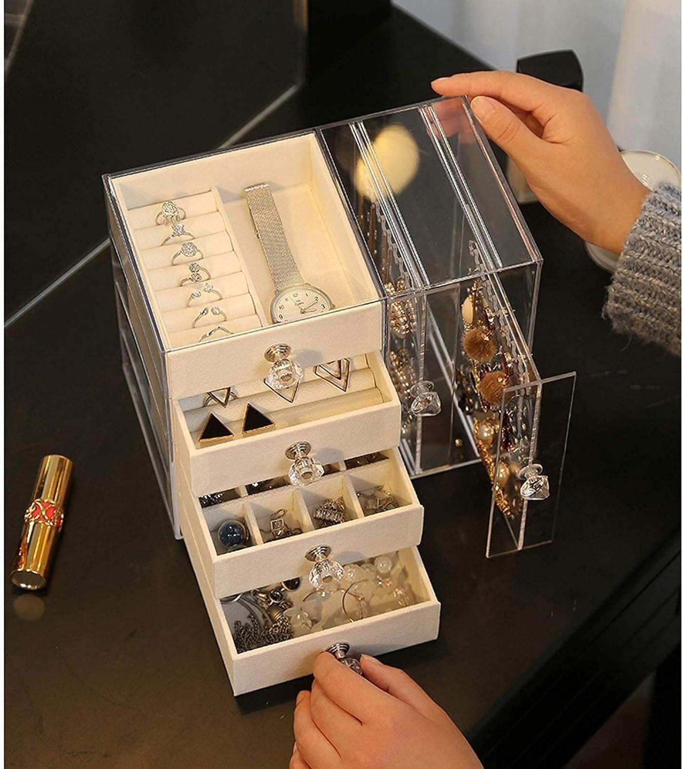 Clear Acrylic Jewelry Organizer – 4-Drawer Jewelry Box & Hanging Earring Holder view 3