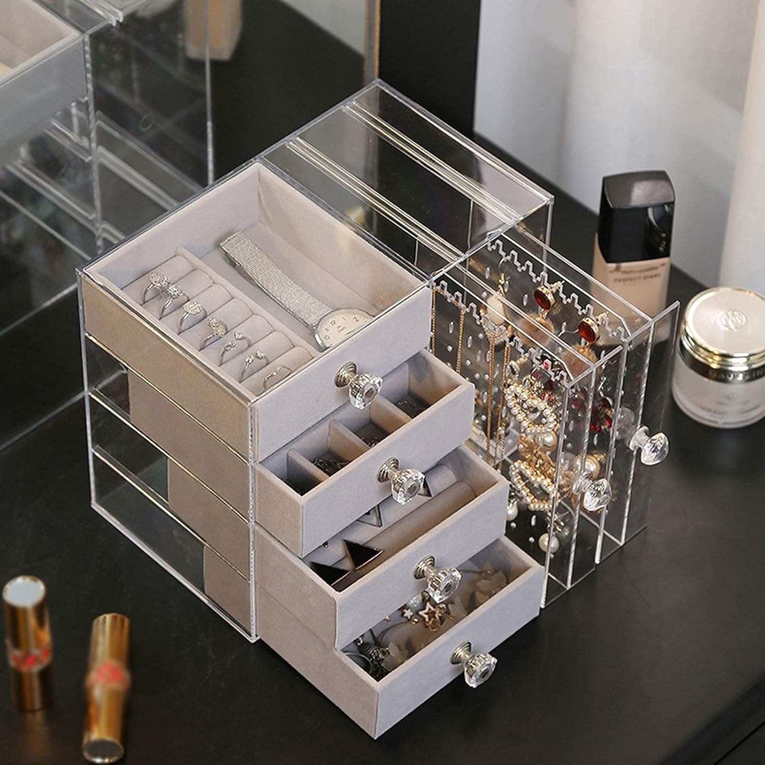 Clear Acrylic Jewelry Organizer – 4-Drawer Jewelry Box & Hanging Earring Holder view 1