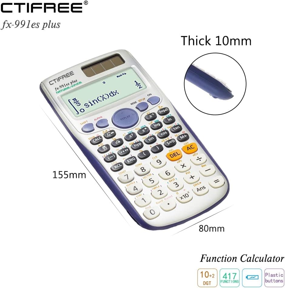 CTIFREE CT 991ES Plus Scientific Calculator 417 Function 2 Line 10+2 Digits Written Display Solar Scientific Calculator view 3