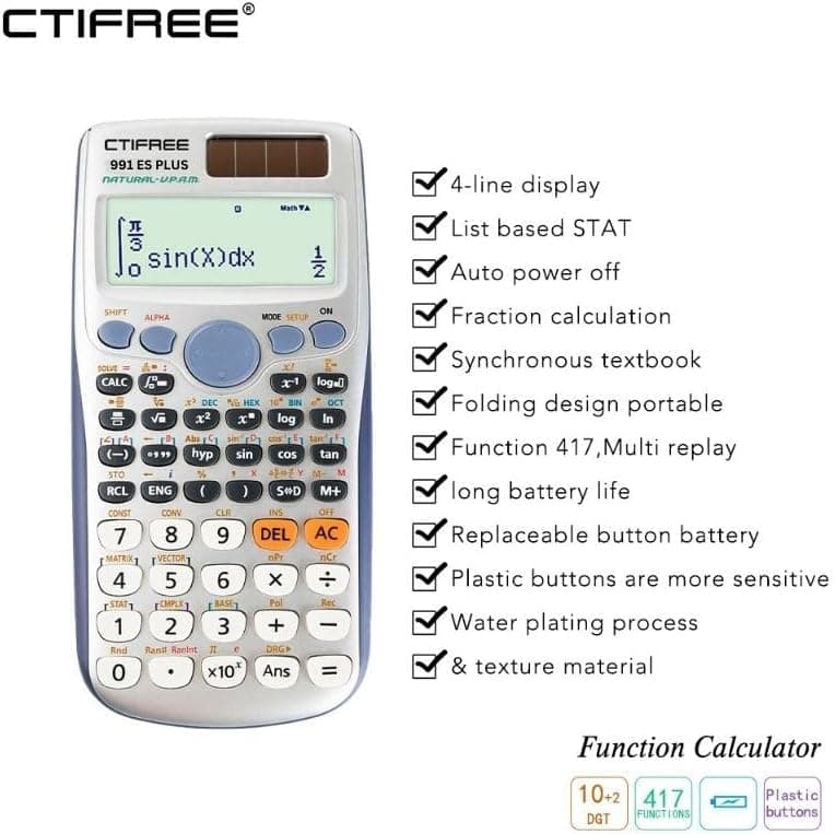 CTIFREE CT 991ES Plus Scientific Calculator 417 Function 2 Line 10+2 Digits Written Display Solar Scientific Calculator view 2