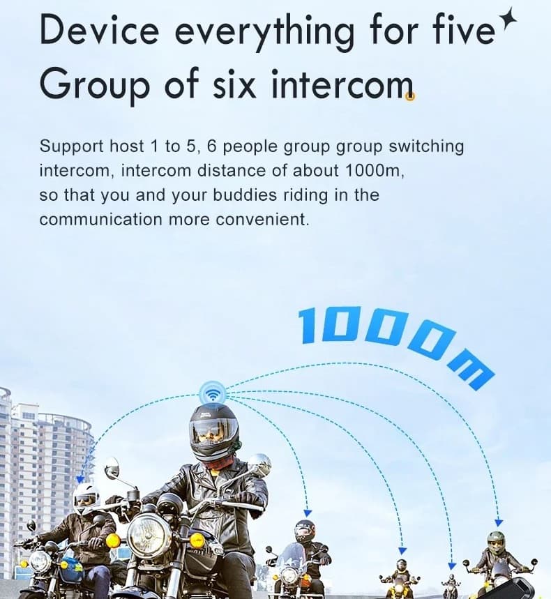 D2-6X Motorcycle Helmet Bluetooth Intercom – 1000M Range, Waterproof, Noise Reduction, Music Sharing, 6 Rider Support, BT5.3 view 3