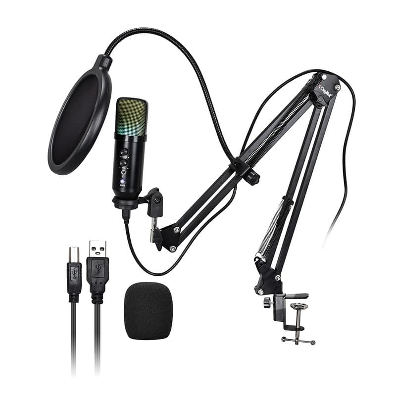 Digitek DM 401 RGB USB Condenser Microphone Kit With Boom Arm, Pop Filter, Shock Mount, Mic Cover, Desktop Mount, Tripod & 1.5M USB Cable. view 1