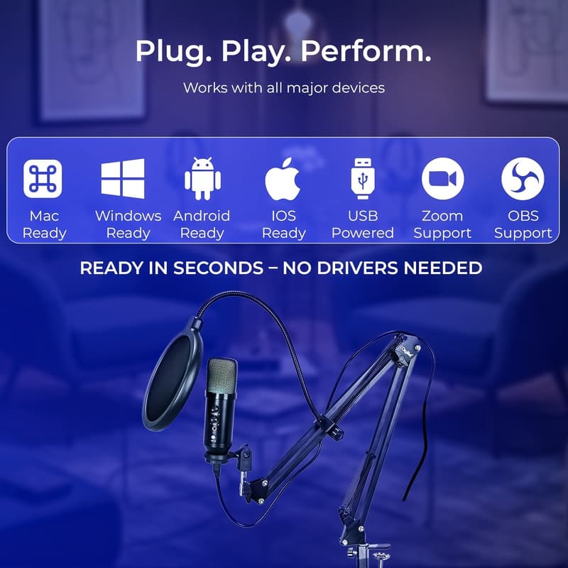 Digitek DM 401 RGB USB Condenser Microphone Kit With Boom Arm, Pop Filter, Shock Mount, Mic Cover, Desktop Mount, Tripod & 1.5M USB Cable. view 5