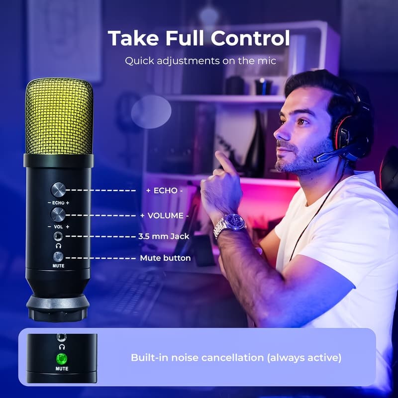 Digitek DM 401 RGB USB Condenser Microphone Kit With Boom Arm, Pop Filter, Shock Mount, Mic Cover, Desktop Mount, Tripod & 1.5M USB Cable. view 4