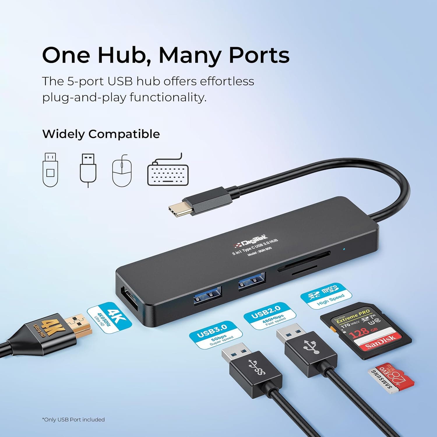 Digitek DUH 005 5 In 1 Type-C USB Hub With HDMI, USB, SD/TF Card Reader view 4