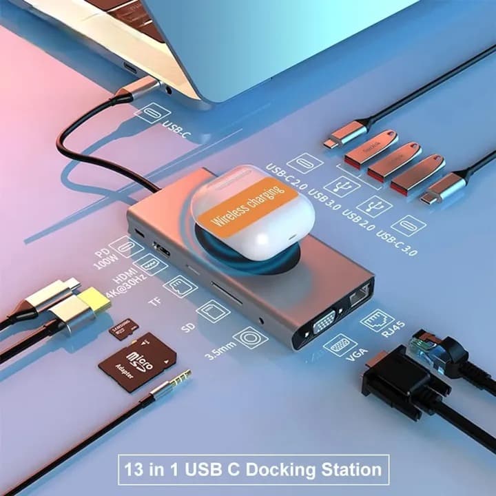 Docking Station USB C Hub 13‑in‑1 With Wireless Charging Station, USB C to HDMI, Ethernet, VGA, 5 USB and SD/TF 3.5mm Audio view 2