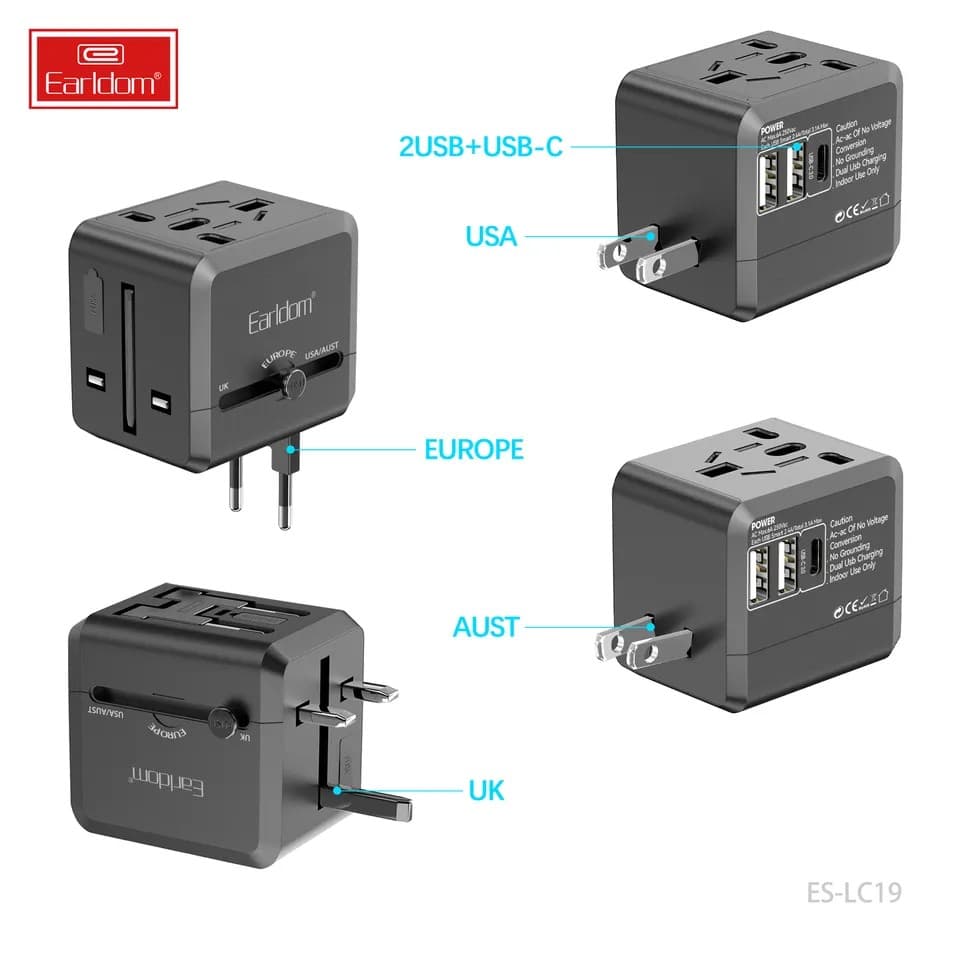 Earldom LC19 USB International Travel Adapter With Type C To USB 3.1 Charger view 1