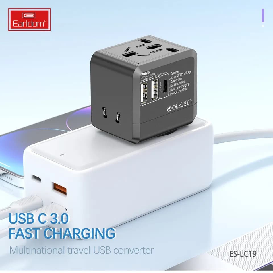 Earldom LC19 USB International Travel Adapter With Type C To USB 3.1 Charger view 3