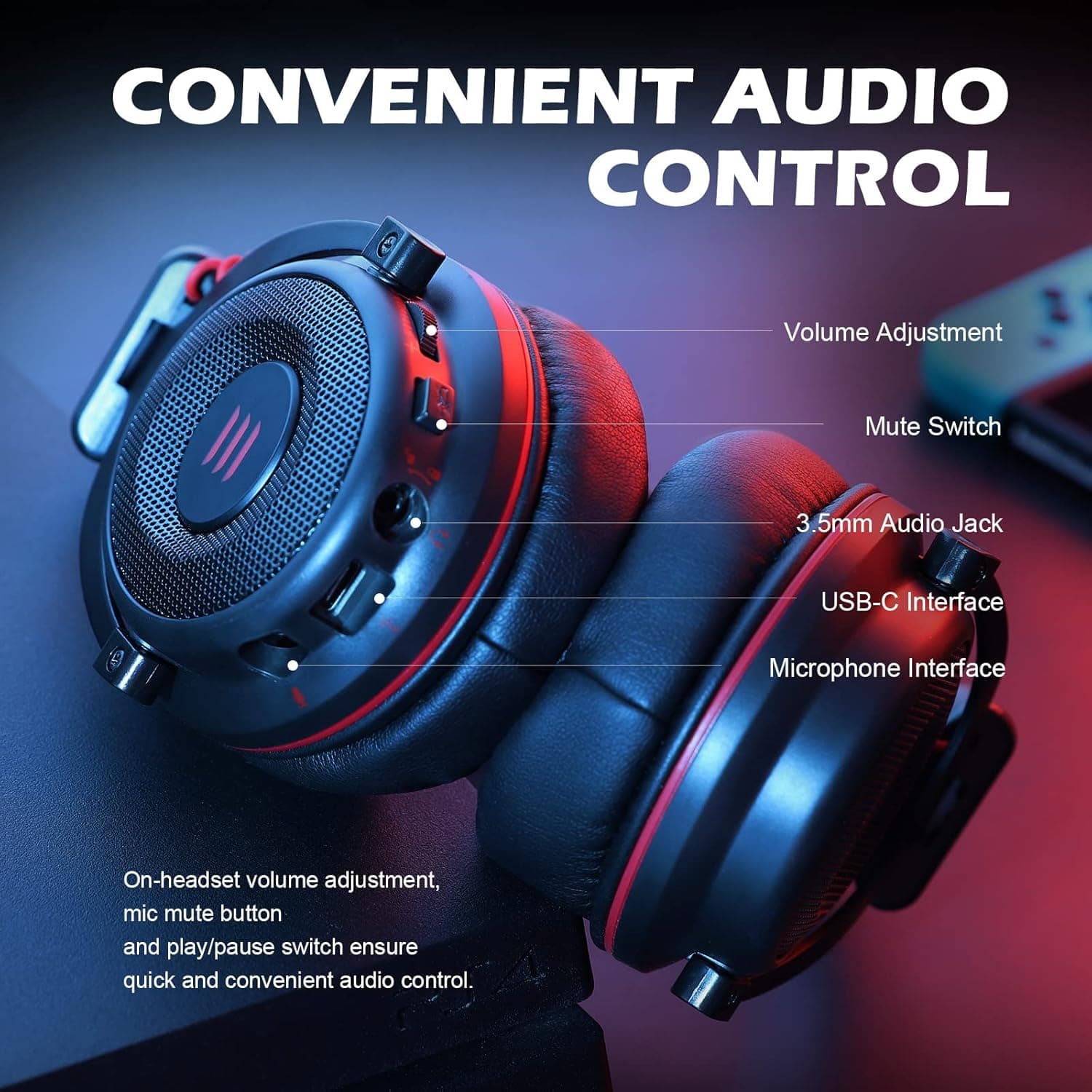 EKSA E900 Pro Gaming Wired Over Ear Headphones With Virtual 7.1 Surround Sound With Mic & Led view 4