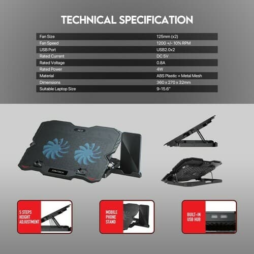 Fantech NC12 Laptop Stand Cooling Pad 2 Fan Blue LED view 3