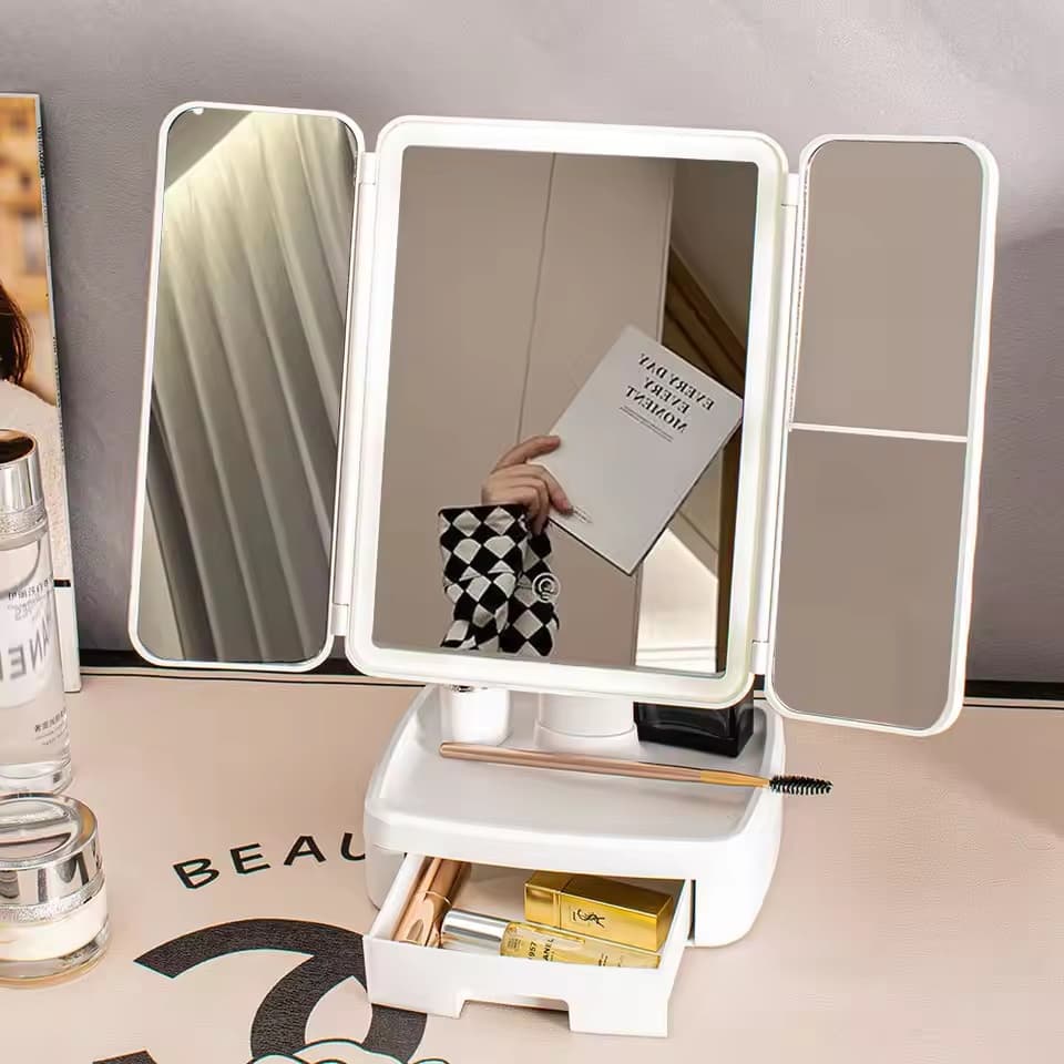 Folding LED Makeup Mirror - 3 Tone Portable Compact Desktop Vanity Mirror view 1