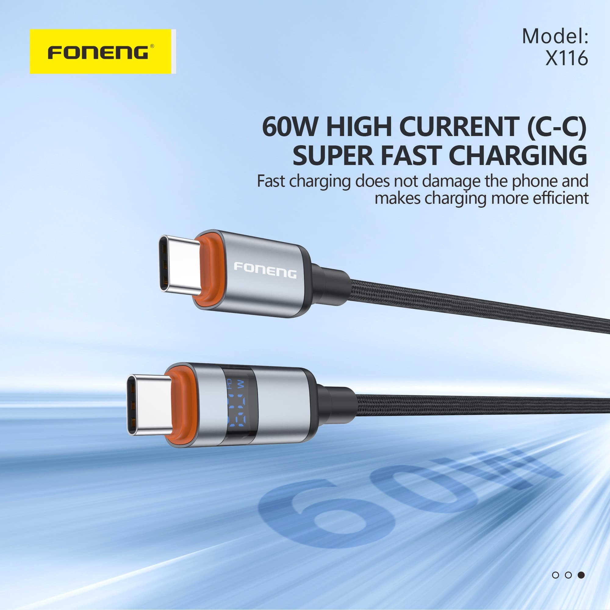 FONENG X116 60W Type C To C 1.2M Power Display Aluminum Alloy Braided Fast Charging Cable view 3