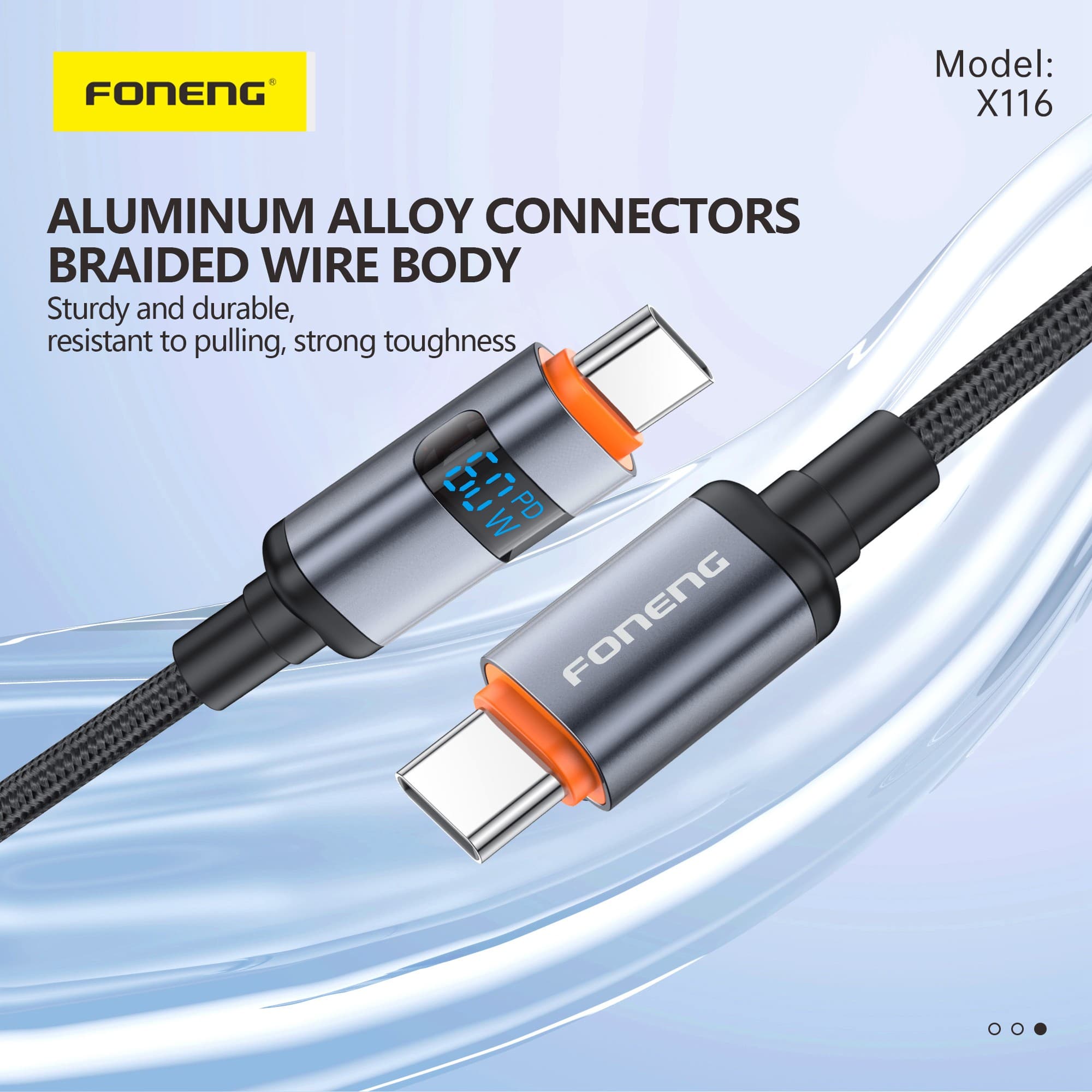 FONENG X116 60W Type C To C 1.2M Power Display Aluminum Alloy Braided Fast Charging Cable view 2