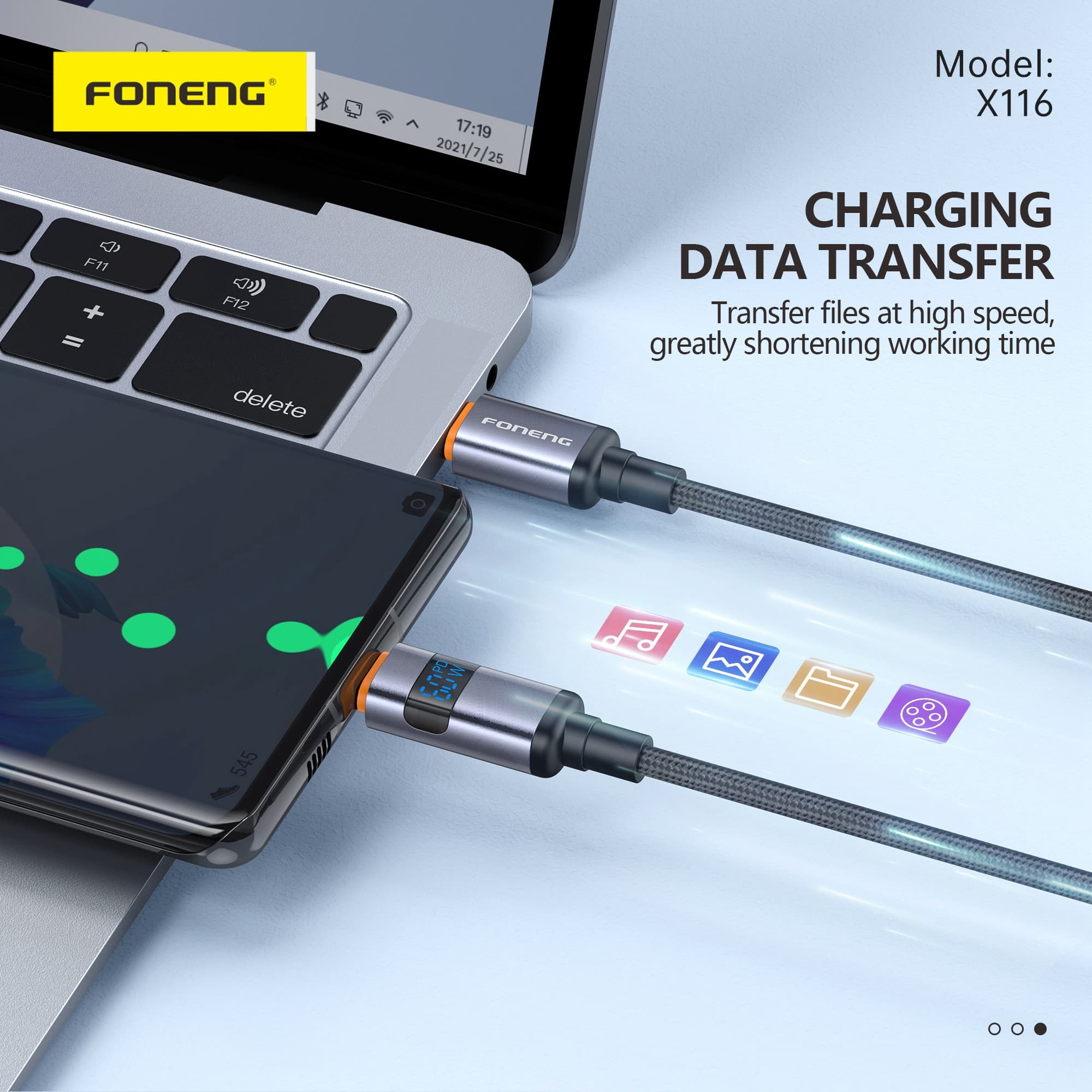 FONENG X116 60W Type C To C 1.2M Power Display Aluminum Alloy Braided Fast Charging Cable view 5