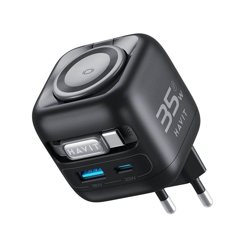 HAVIT UC250 35W GaN Travel Charger With Retractable Cable & Watch Charger view 1