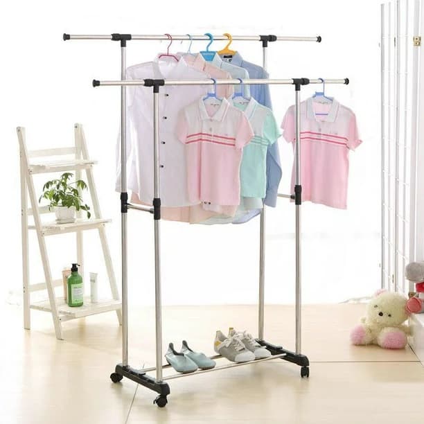 Heavy Duty Double Adjustable Portable Clothes Hanger Rolling Garment Rack Rail Shelf view 2