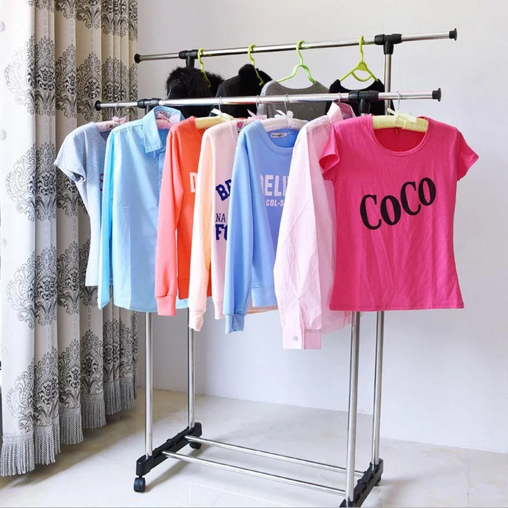 Heavy Duty Double Adjustable Portable Clothes Hanger Rolling Garment Rack Rail Shelf view 1