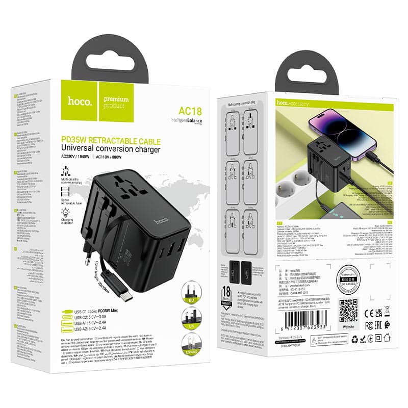 Hoco AC18 Travel Adapter Conversion Charger PD35W EU / US / UK / AU view 3