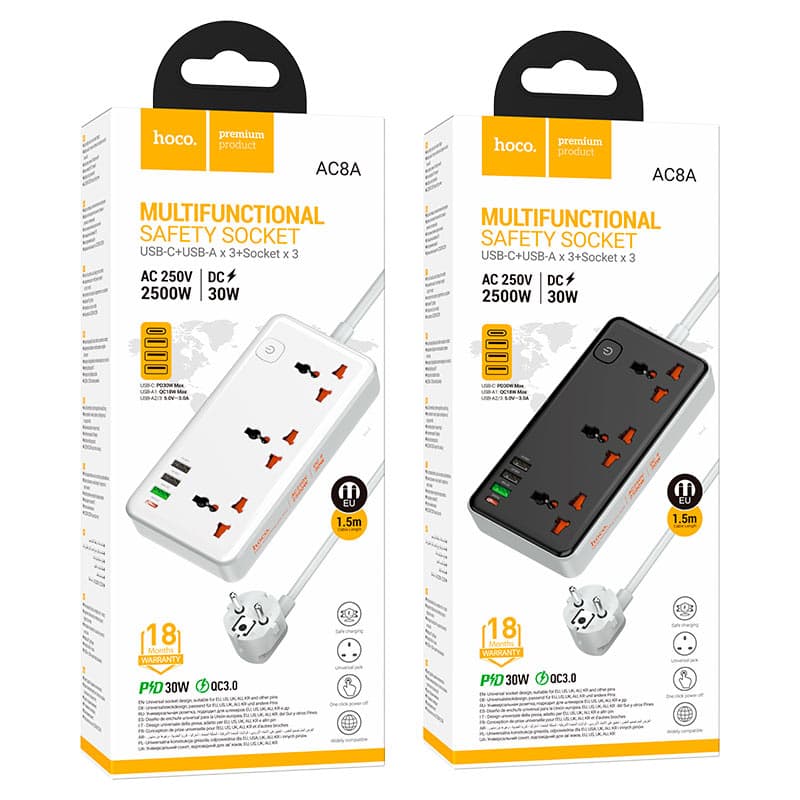 Hoco AC8A Power Strip PD30W + QC3.0 + 3 Sockets Multiplug view 5
