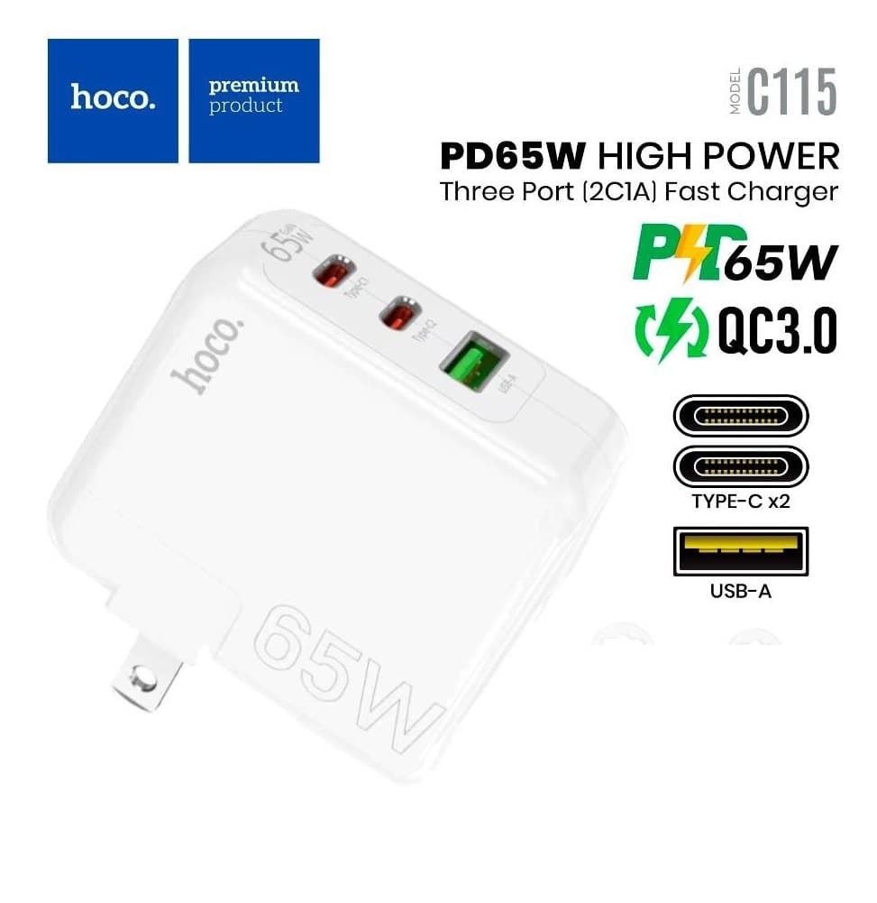 Hoco C115 PD 65W Wall Charger With Three Ports view 1