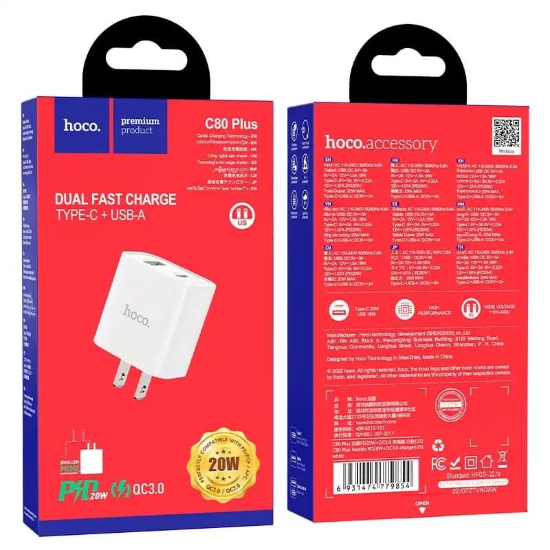 HOCO C80 Plus Wall Mobile Charger PD + QC3.0 US view 3
