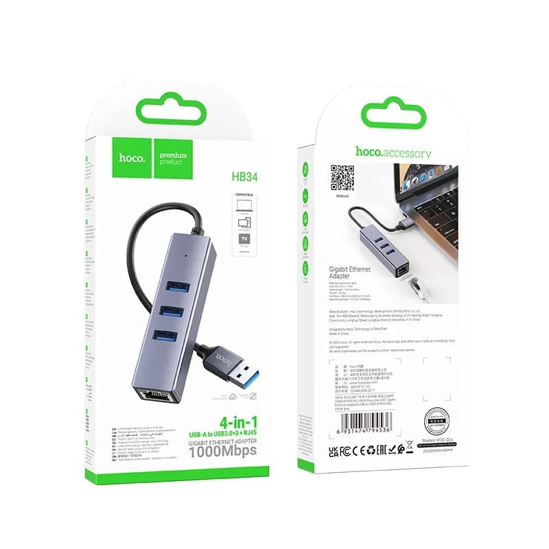 Hoco HB34 USB To 3 USB And RJ45 Gigabyte USB Hub Adapter view 3