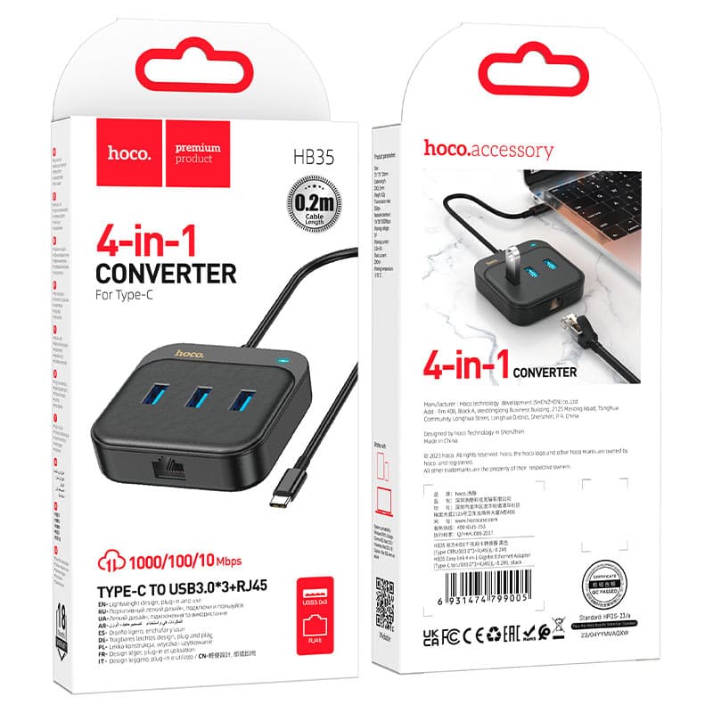Hoco HB35 Type C Hub 3 USB A 3.0 + RJ45 view 3