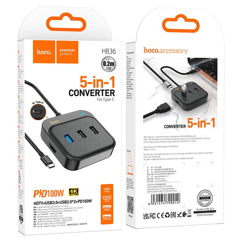 Hoco HB36 Type C Hub HDTV + USB-A3.0 + 2 × USB-A2.0 + Type-C view 3