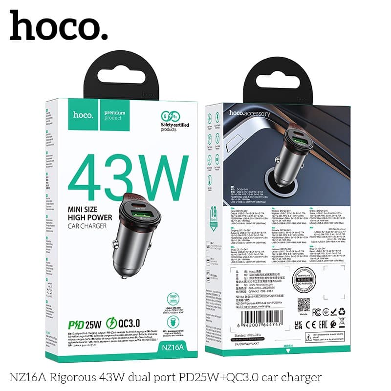 HOCO NZ16A Rigorous 43W Dual‑Port Car Charger (PD 25W + QC 3.0) view 4