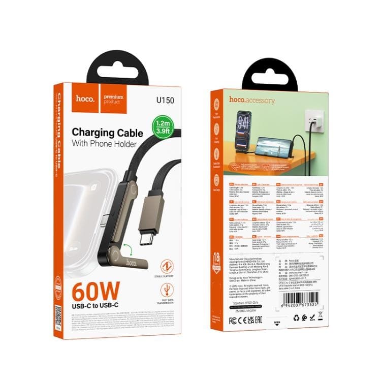 Hoco U150 60W Type-C To Type-C Charging Cable With Folding Stand (1.2m, Black) view 6