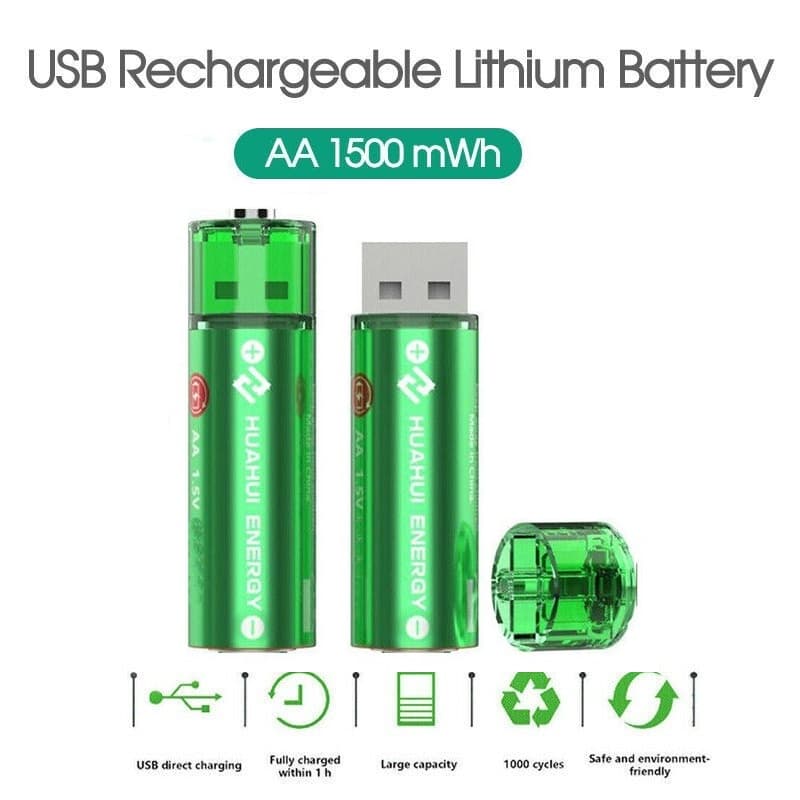 HUAHUI USB Rechargeable Battery 1500mWh AA 2 Piece Pack view 1