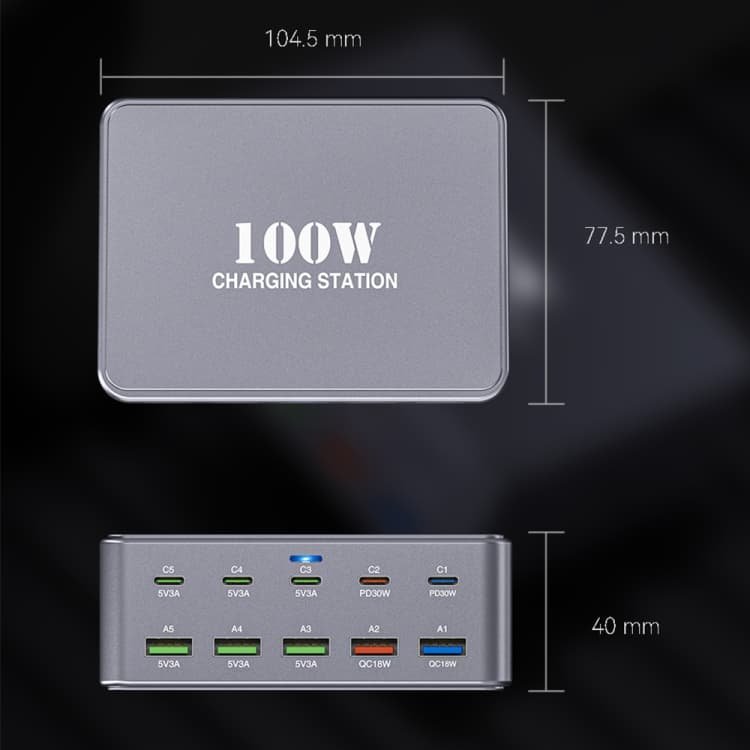 HW33 100W Type-C + USB 10 Port Desktop Fast Charger view 2